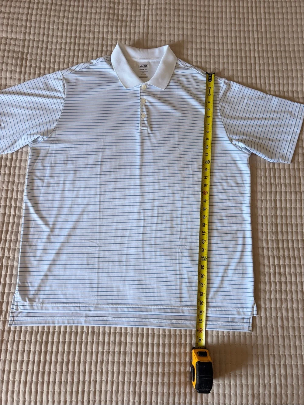 adidas Men’s White Polo with Thin Blue Stripes